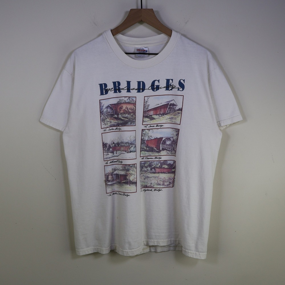 Vintage 90s Madison County Iowa Bridges T-Shirt‎ Size L Americana Scenic White
